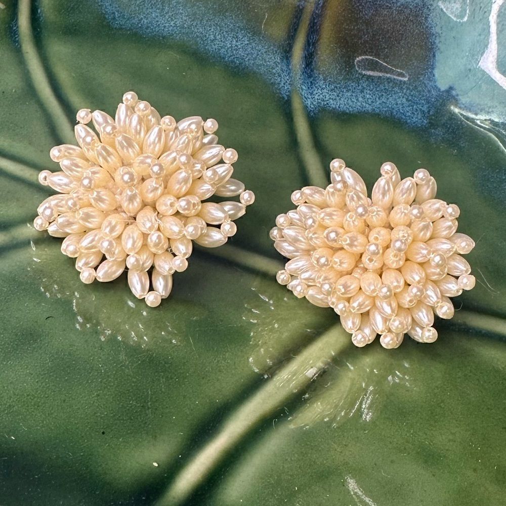 Vintage Seed Pearls Hand Wired Round BUTTON Clip Back Earrings